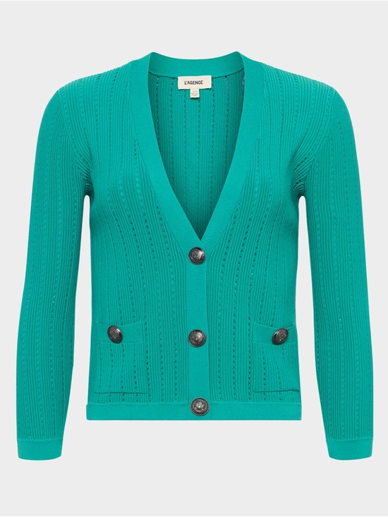 L'AGENCE Sweaters - NWT ✨L'AGENCE Teal Ribbed V-Neck Button Cardigan Irvin Pointelle Sz Small $465